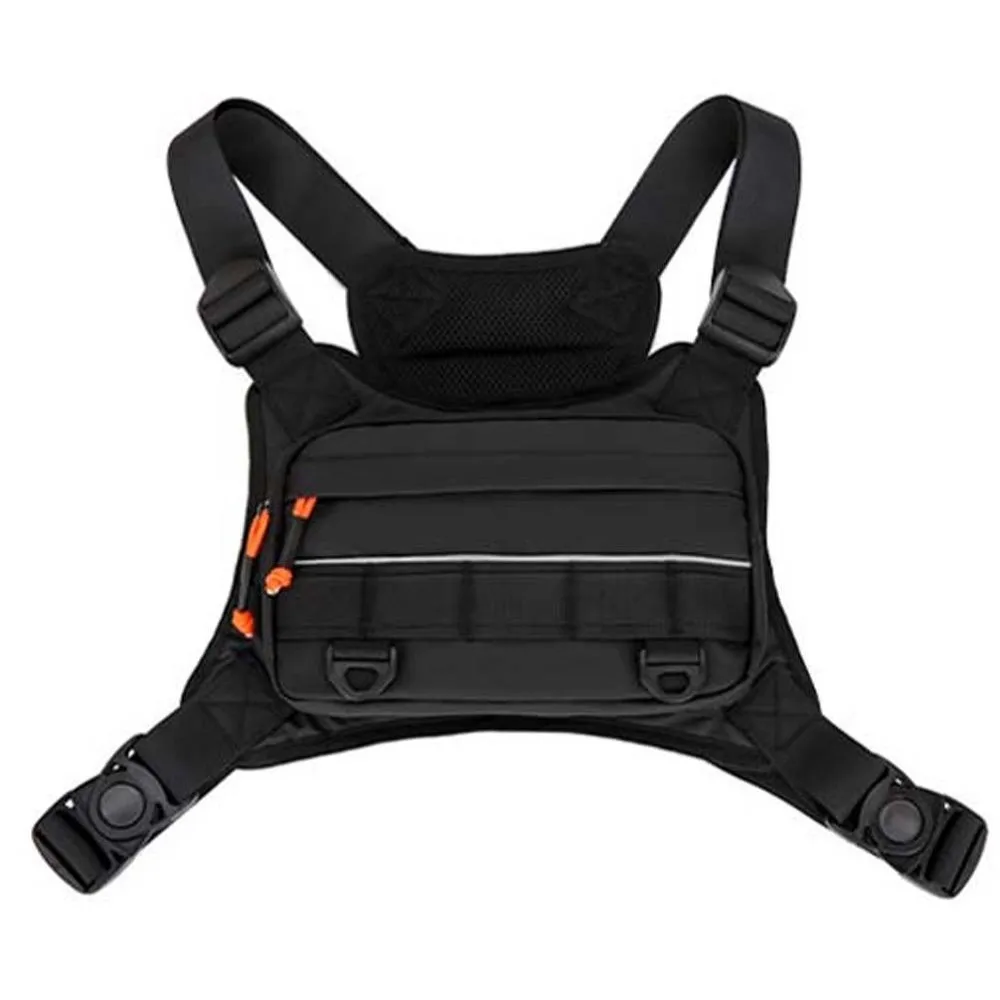 Oxford Cloth Unisex Chest Rig Reflective Line with Webbing Motorcycle Vest Pack Orange Cord Pull Adjustable Shoulder Buckle