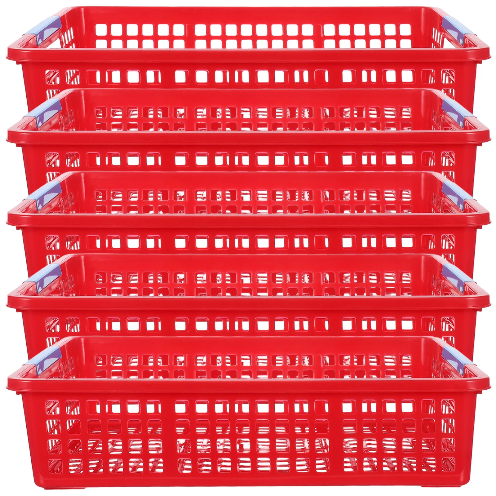 

5pcs Plastic Storage Basket Red Stackable Mesh Bin For A4 Files Snacks Fruits Classroom Office Kitchen Organizer Container