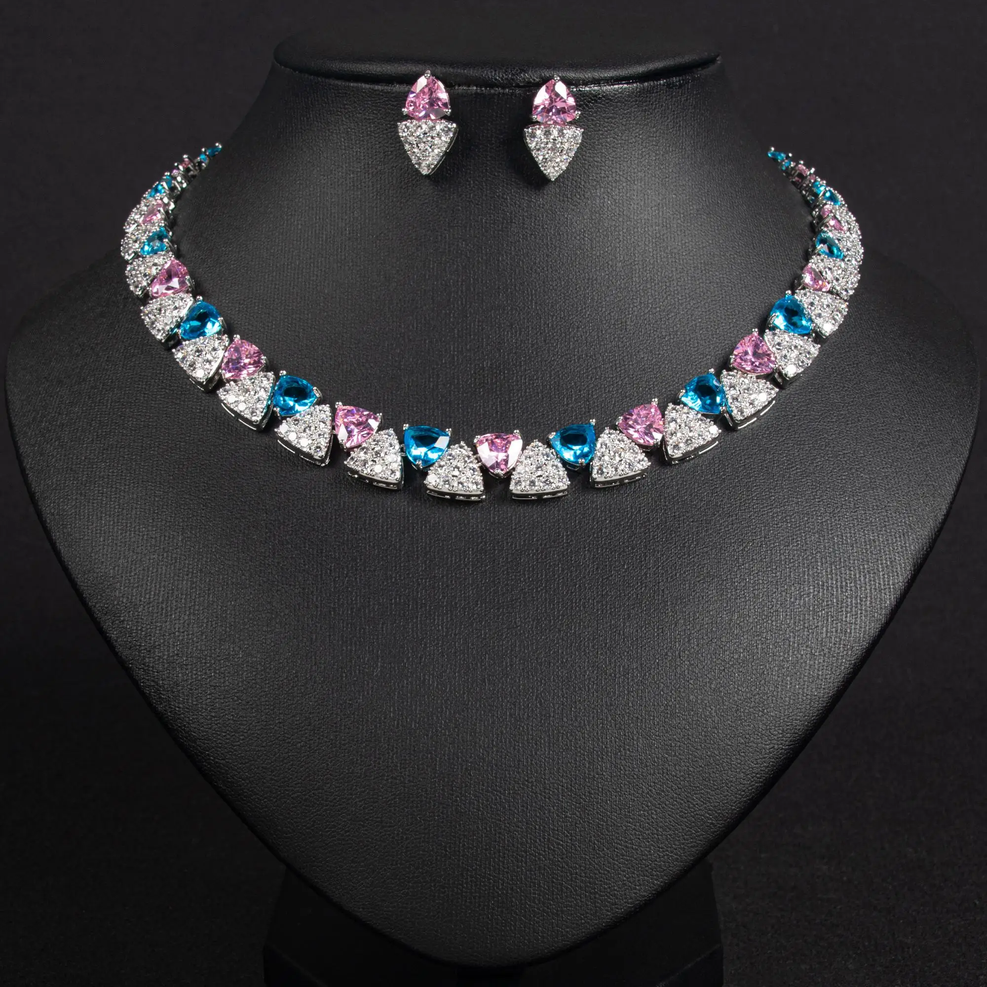 Super Shiny Colourful Triangle Zirconia Jewellery Ladies Necklace Earrings Accessories Set Party Evening Wedding Gift Prom M-334