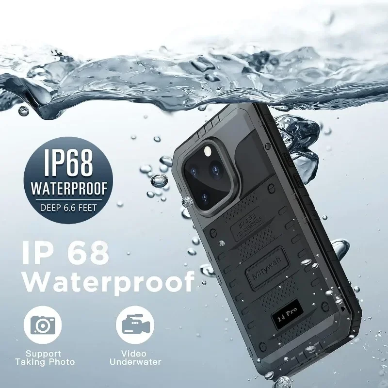 2024 New IP68 Waterproof Shockproof Case 360 Heavy Duty Metal Armor Cover for iPhone 16 15 14 13 12 11 Pro X Xs Max XR SE 2020