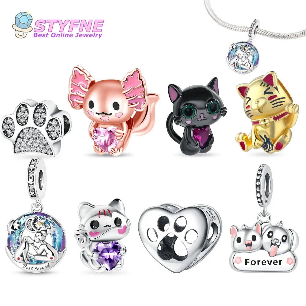 925 Sterling Silver Sparkling Paw Print Charm Beads Charms fit Bracelets and Necklaces Dangle Pendants Fine Official Website