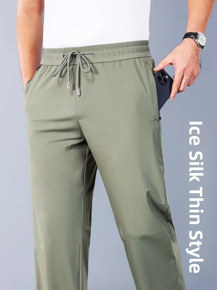 

Спортивные брюки Ice Silk Qui Dry, мужские летние тонкие прямые свободные дышащие спортивные штаны, уличные брюки против морщин