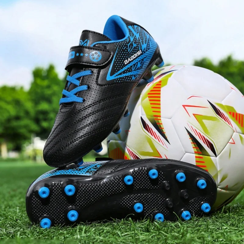 

A pair of children's soccer cleats with firm ground sole breathable upper, durable design, great for youth training use MZ-616-1