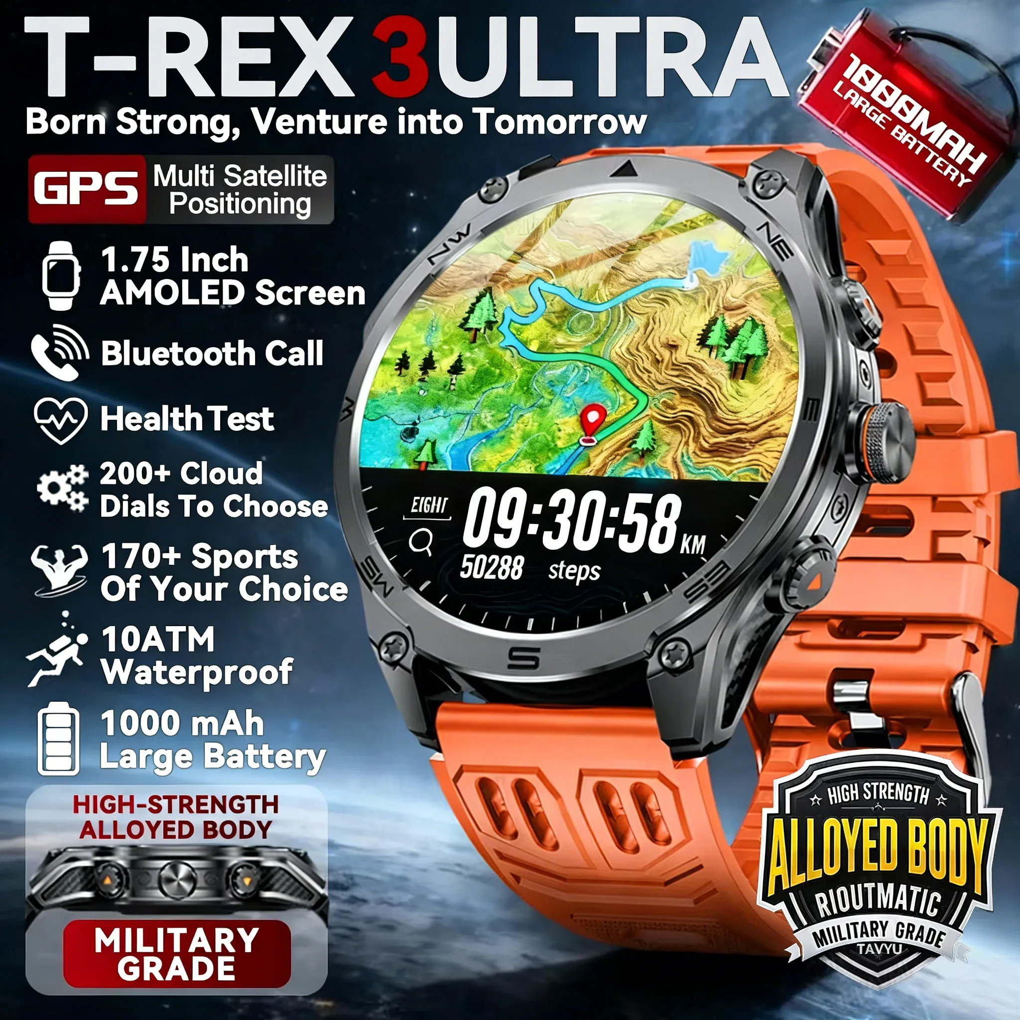 

2026 hot Military 1000mAh Battery Sports Smart Watch For Men GPS 6-star positioning 10ATM waterproof Outdoor fitness Smartwatchs