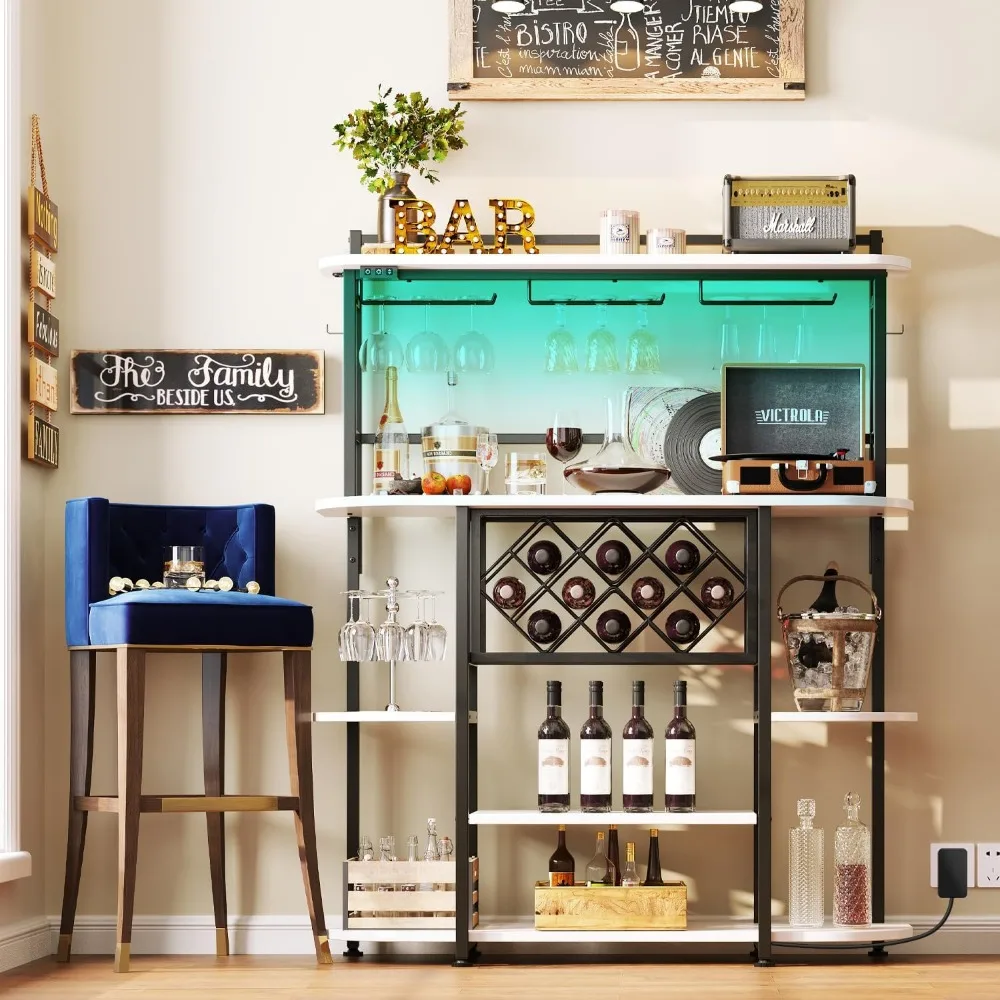 Wine T1 avec lumière LED, armoire de table de bar avec porte-verre, étagères de rangement pour café-bar autoportantes, armoire française à 5 niveaux