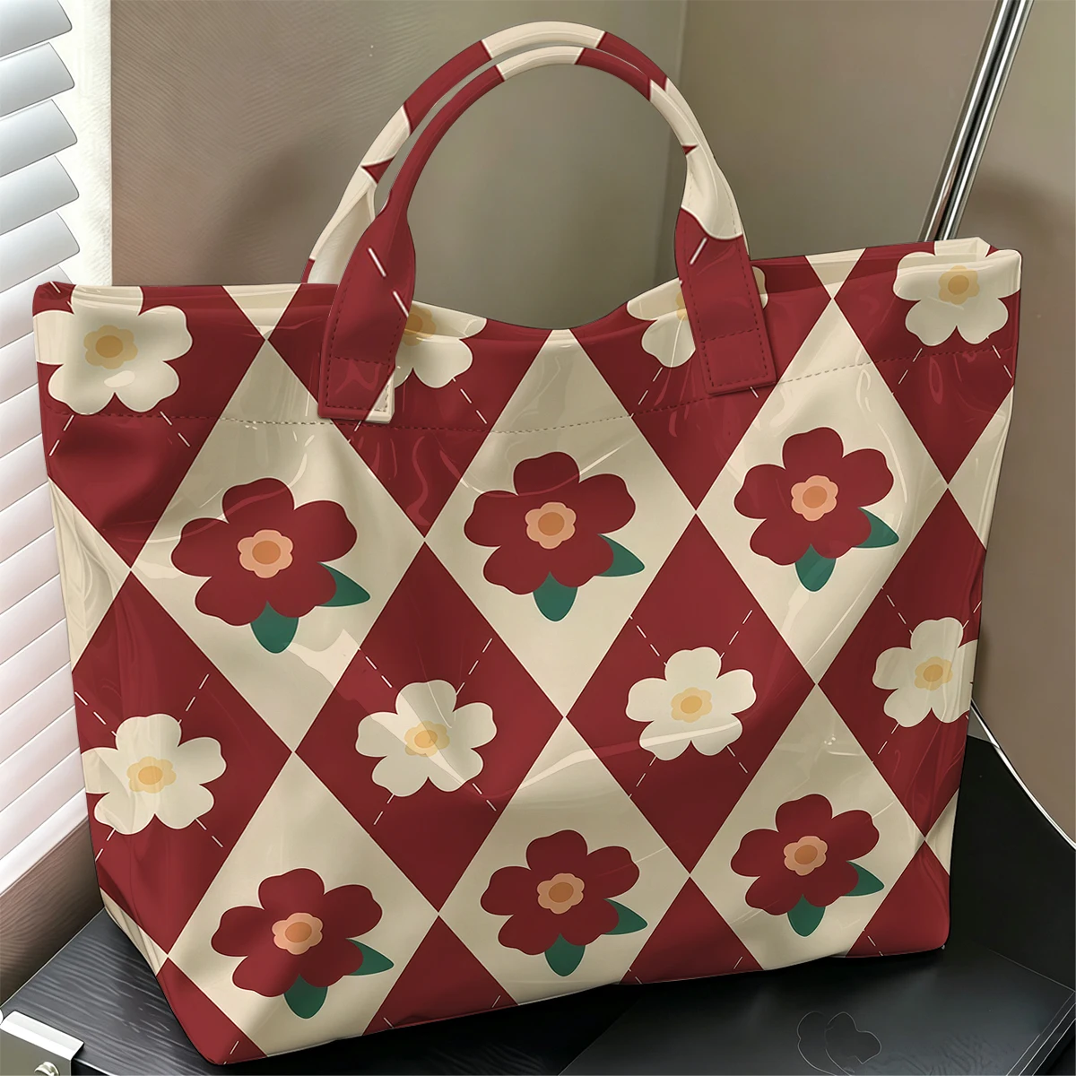 Burgundy Argyle Floral Cute Large Glossy PVC Tote Bag Hand Washable Lightweight Soft for Travel Commute Makeup Storage Handbags