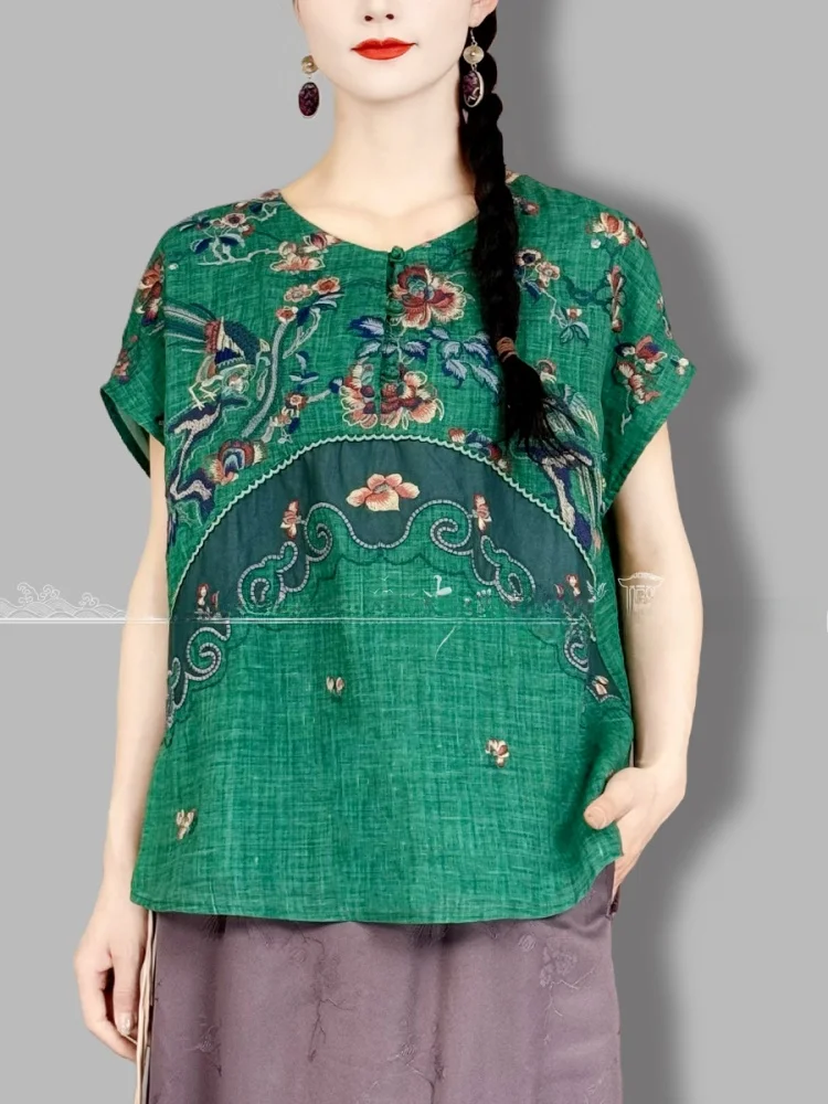 

Heavy Embroidery Loose Fit round Ne ort Sve Women's Top Retro National Sle Qian Chun Wuxi Vintage Clothing