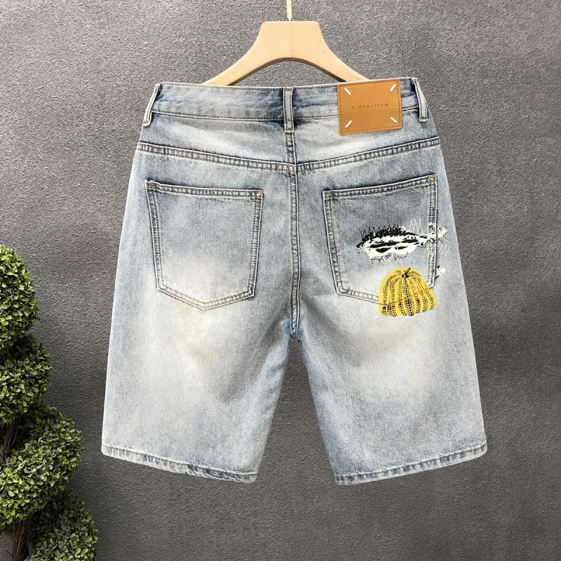 New Denim Shorts For Men'S High-End Casual Slim Fit Straight Fit Elastic Loose Print Light Luxury Fashion Versatile Washed Denim