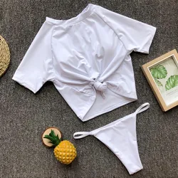 Bañador Sexy de dos piezas para Mujer, traje de baño de manga corta anudado de leopardo blanco, ropa de playa, Bikinis 2023