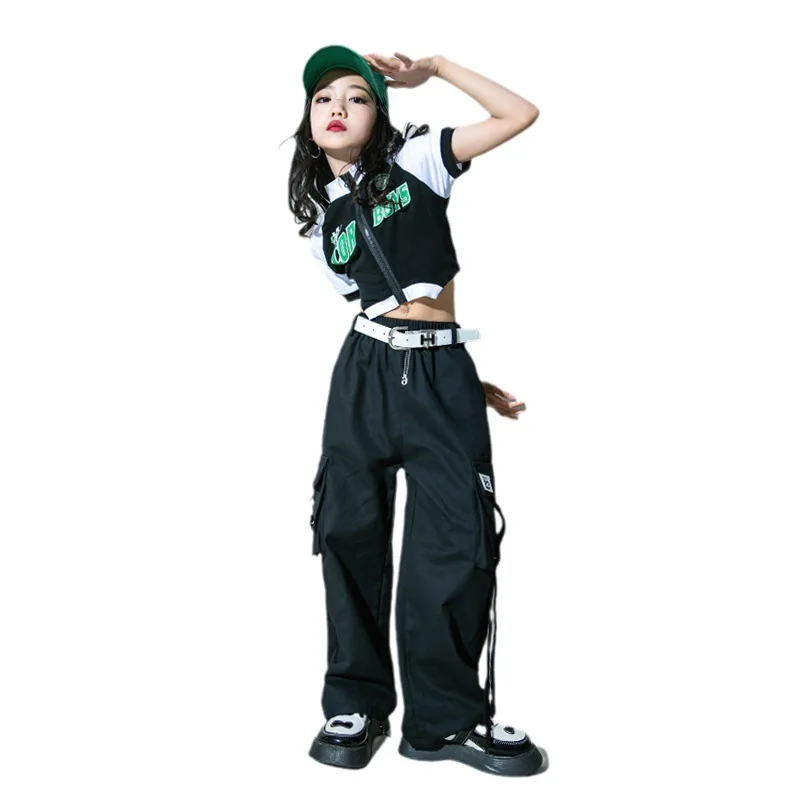 Kid Cool Hip Hop Kleidung Mock Neck Zip up T Shirt Crop Top Schwarz Strap Street Cargo Hosen für Mädchen Jazz Dance Kostüm Kleidung