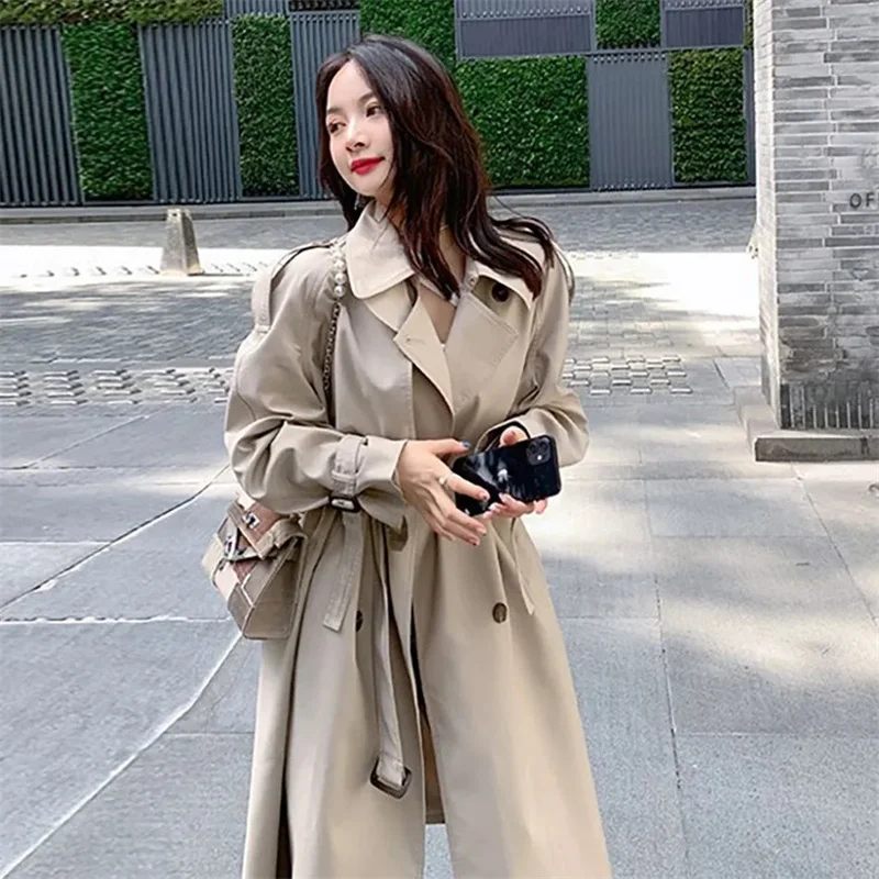 

Women Casual Lace Up Long Trench Coat Chic Solid Color Full Sleeve Lapel Windbreaker 2025 New Fashion Loose Commute Jackets