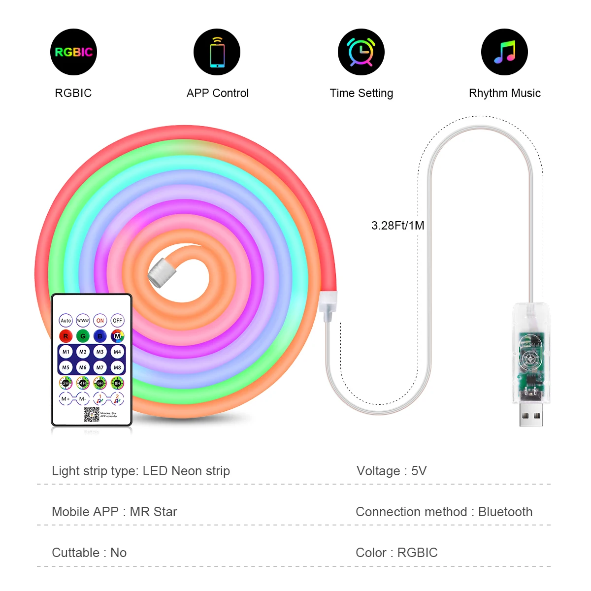 WS2812 RGBIC RGB LED Neon Light Strip,5V USB Waterproof Bluetooth Diode Neon Tape Ribbon with Remote for Room Ceiling Decoration