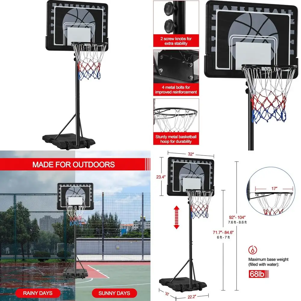 

Portable Outdoor Basketball Hoop System with Adjustable Height 7.6-8.6ft, PE Backboard, Wheels for Easy Mobility
