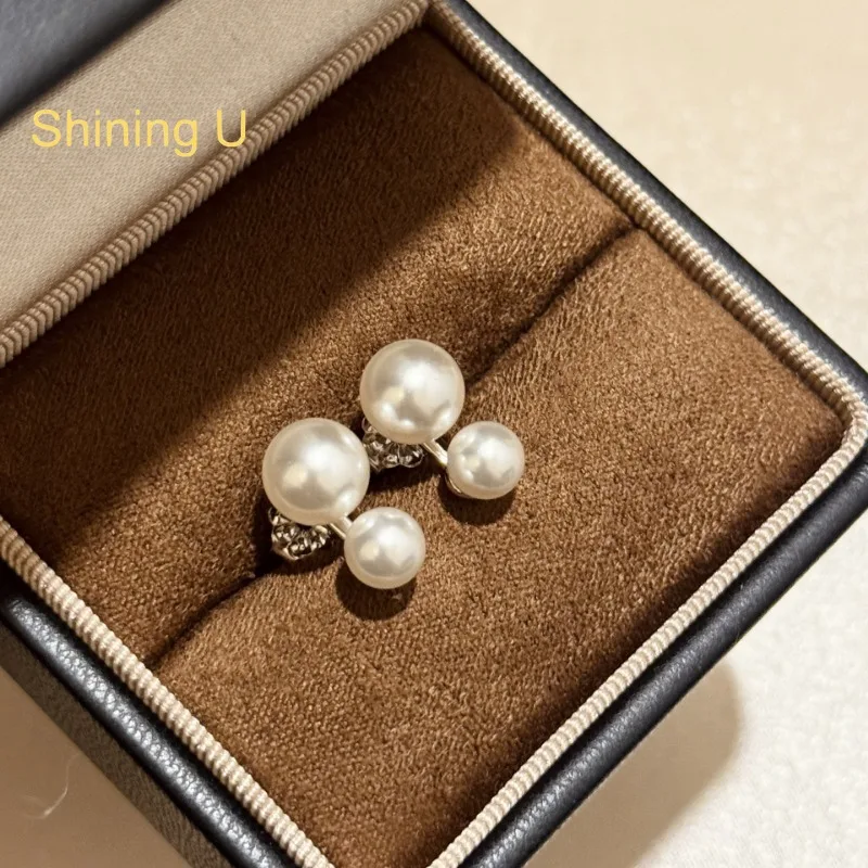 

Shining U S925 Silver Double Pearl Stud Earrings for Women Fine Jewelry Summer