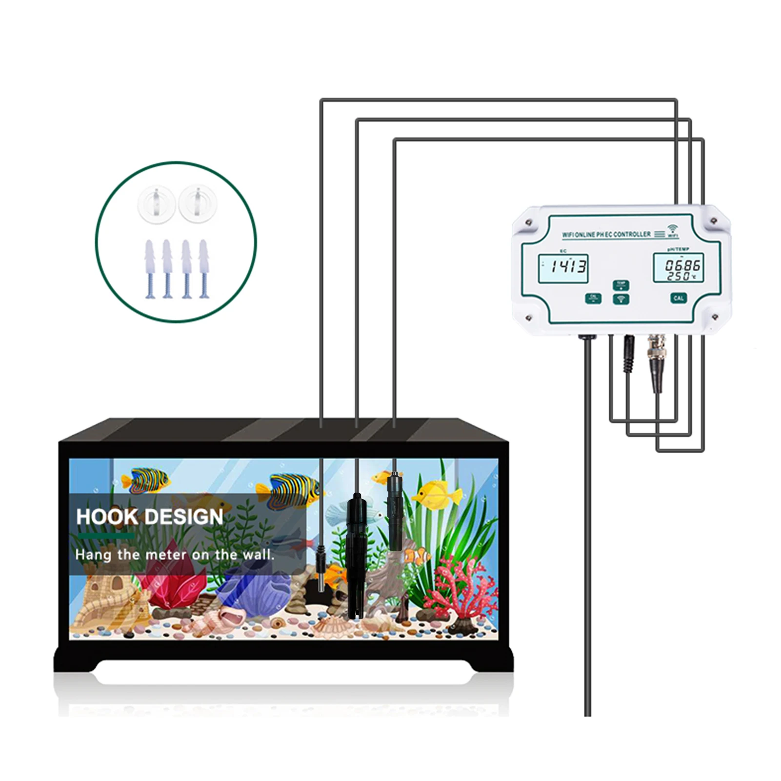 3-in-1 WiFi Water Quality Detector PH/EC/TEMP Electrode BNC Type Probe Water Quality Tester for Aquarium Hydroponics Monitor
