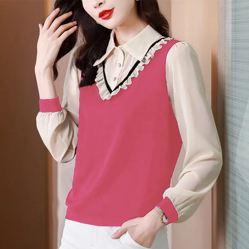 2023 Autumn Women\'s New Fashion Splice Fake Two Piece Shirts Korean Version Foreign Style Slim Comfortable Bottom Shirt Top