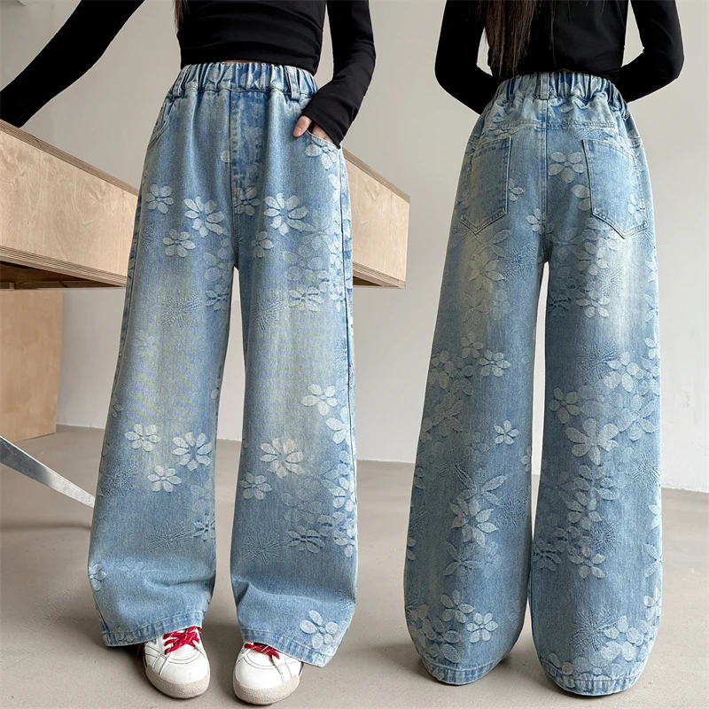 

American Street Style Kids Clothing Retro Denim Trouser Child Girl Fashion Jacquard Design Y2K Loose Straight Ripped Jeans Pants