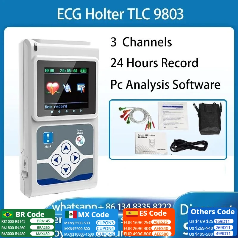 Echte Contec Tlc 9803 3 Kanalen Ecg Holter, Ekg Holter, Dynamisch Ecg Monitorsysteem, 24 Uur Ecg