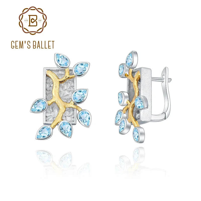 GEM'S BALLET 18k gold over 925 silver two tone Handmade Madagascar Forest Natural Swiss Blue Topaz Woman’s Statement Earrings