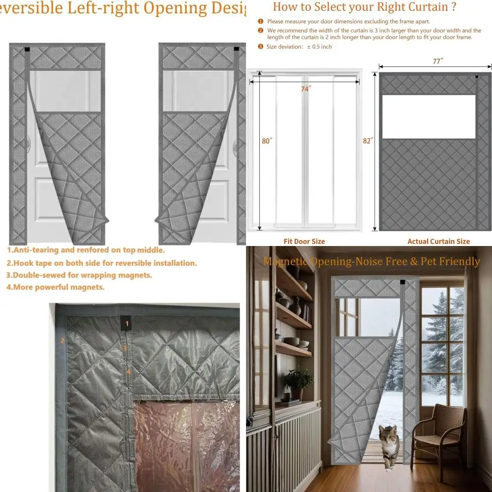 

Gray Diamond Pattern Magnetic Insulated Door Curtain, 77x82, Side Open, 74x80 Door Fit, Keeps Warm/Cool