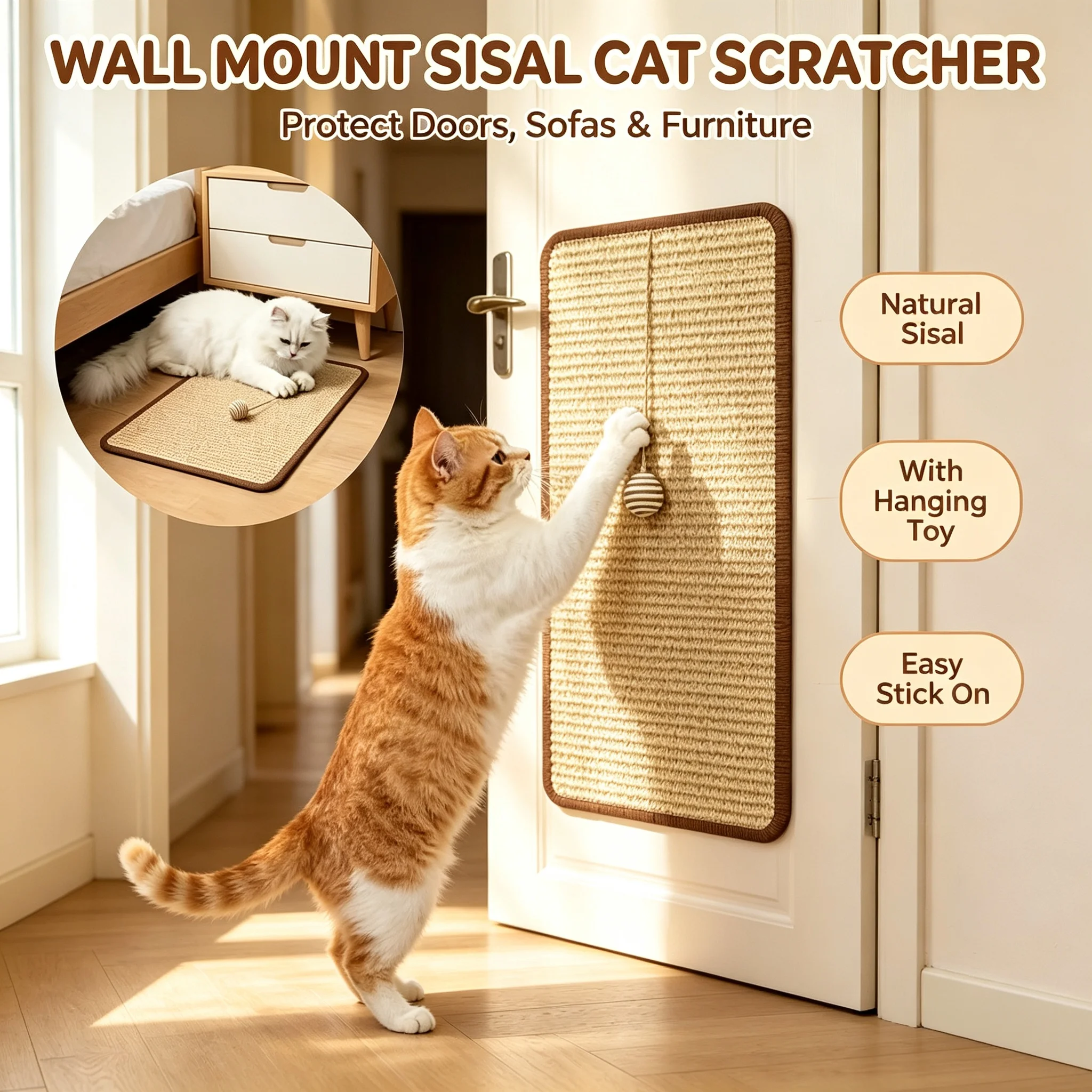Griffoir pour chat en sisal sur pied avec boule suspendue, mobilier pour chat peu encombrant, protège canapé, chaise, porte, arbre à chat non inclus