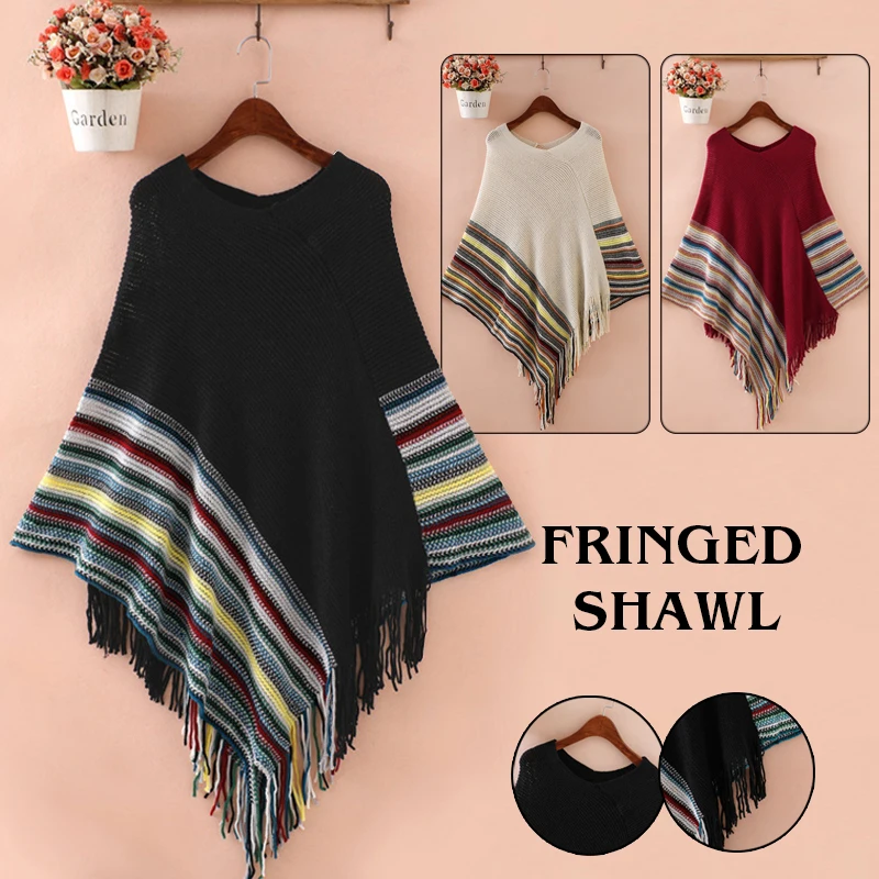 

Autumn Spring Women Sweaters Poncho Knitting Capes Cloak Sweater V-Neck Irregular Hem Tassels Coat Loose Knitted Pullovers