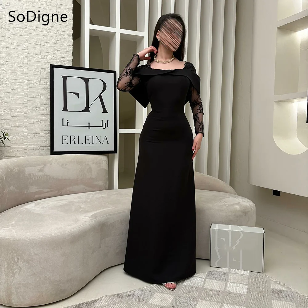 

SoDigne Elegant Black Evening Dresses Off The Shoulder Lace Full Sleeves Party Dress Simple Mermaid Prom Gowns Customized