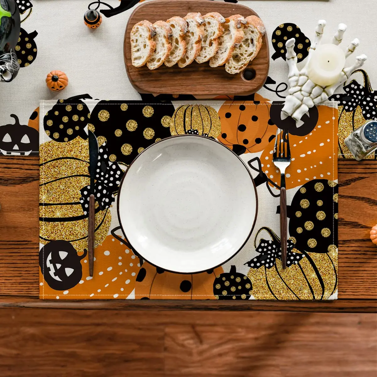 Jack-O-Lantern Halloween Placemats Set of 4, 12x18 Inch Fall Pumpkin Table Mats for Party Kitchen Dining Decoration