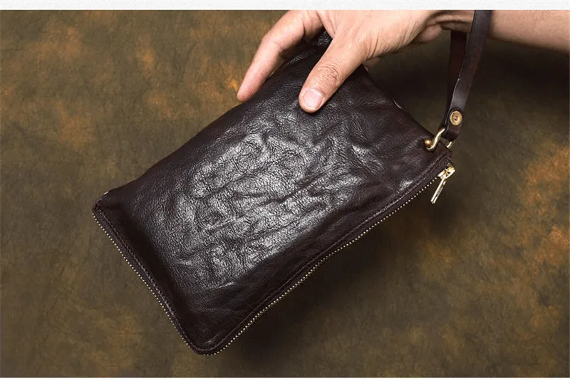 Fashion vintage high quality natural genuine leather men\'s women\'s clutch bag casual simple luxury cowhide phone tablet wallet