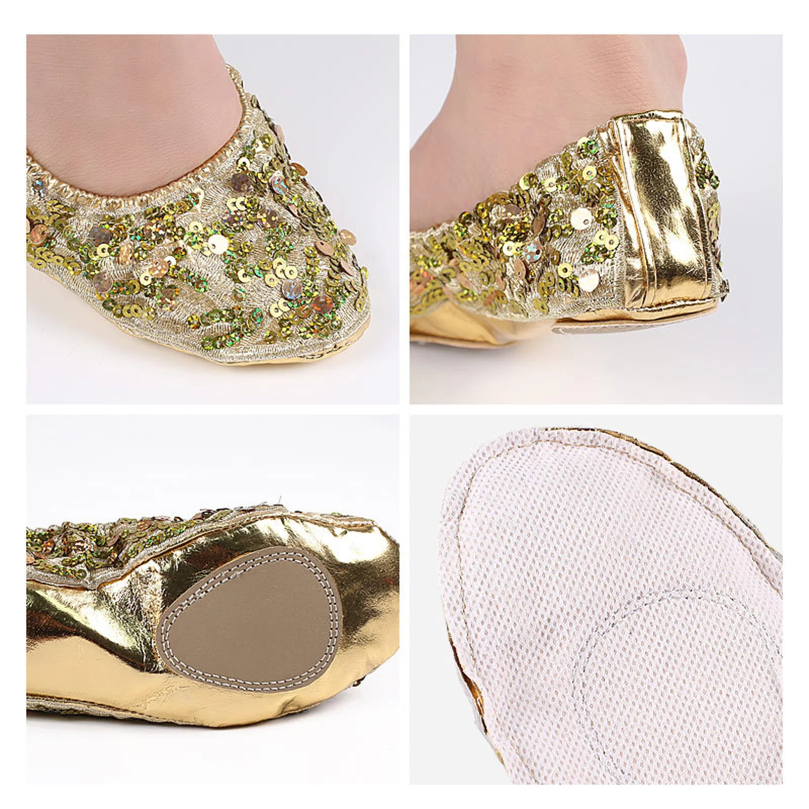 Damskie buty do tańca brzucha Eleganckie baletki z miękką podeszwą Błyszczące cekiny zdobione Przyjazne dla skóry tenisówki Ćwicz mieszkania sceniczne