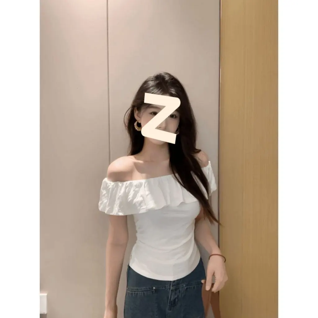 

Women's Short-Sleeved Off-Shoulder T-Shirt Summer Casual Thin Top Pure Desire Collarbone Highlight All-Match Hot Girl Fashion
