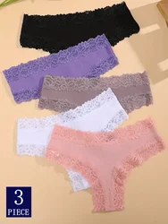 3Pcs Sexy Women Cotton Brazilian Pants Lace Brazilian Briefs Low Waist Floral Solid Color G-string Breathable Soft Lingerie