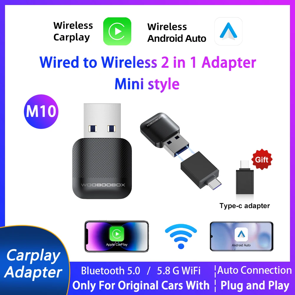 

New Wired to Wireless CarPlay 2 in1 Mini Adapter Android Auto Smart Box Plug and Play Auto Adapter USB BT5.0/5.8G WIFI