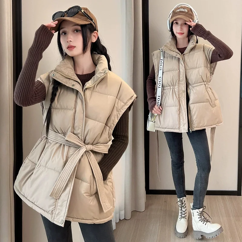 

2025 Autumn Winter New Stand Collar Thicke Waist-Fitted Design Sensibility High-End Sleeveless Vest Jacket Women Outerwear Tops
