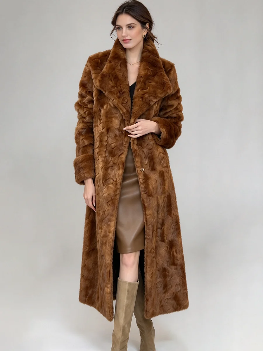 Women Long Faux Fur Coat Lapel Collar Thick Warm Winter Maxi Overcoat