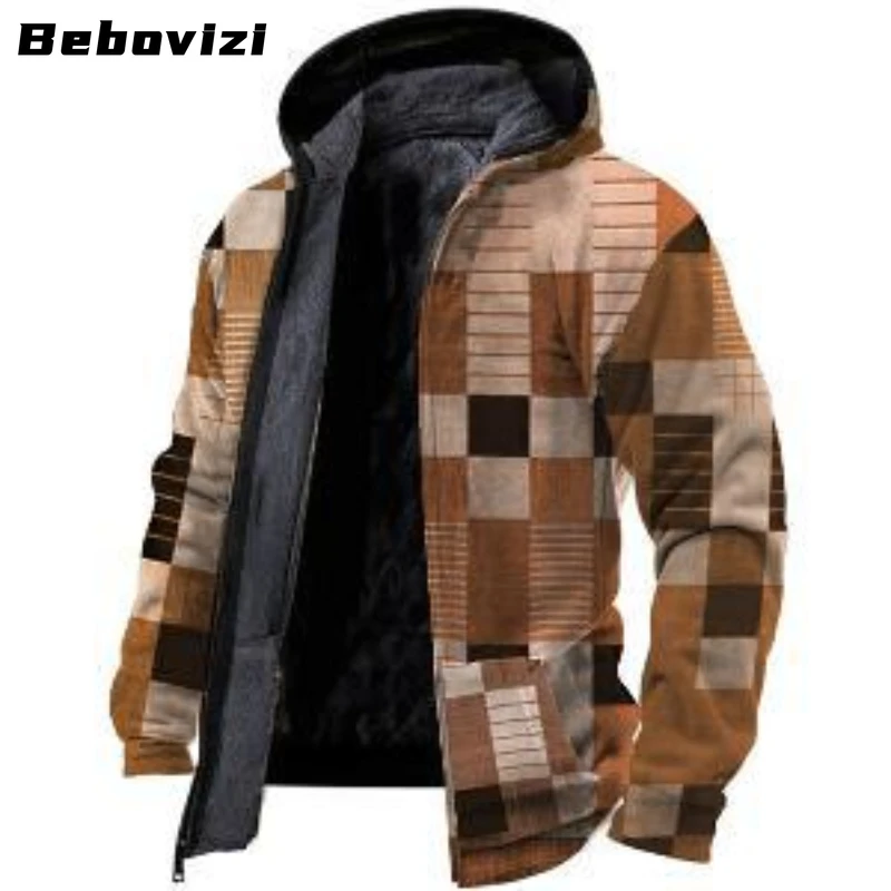 2023 Fashion Print Winter Thick Men Jackets Casual Fleece Zipper Hooded Coat Men's Warm Clothing Chaquetas Hombre