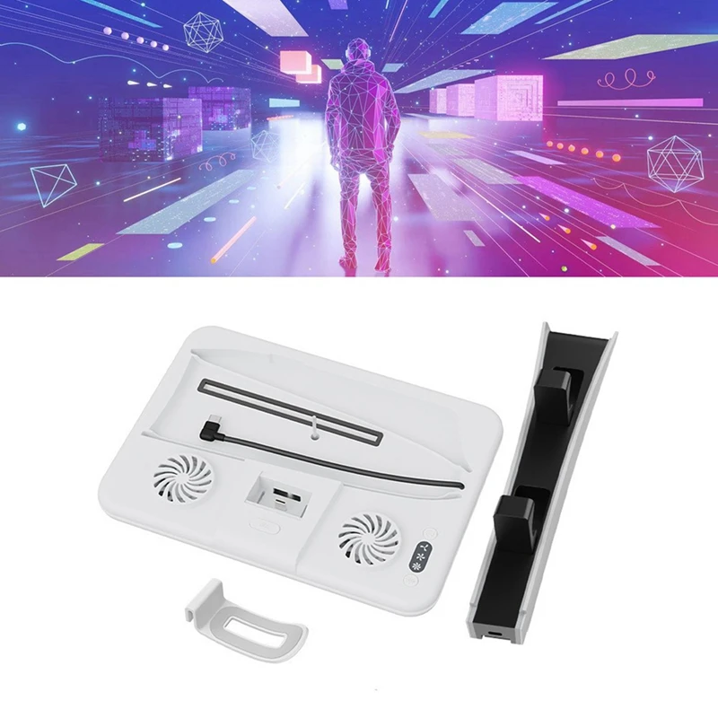 قاعدة تبريد لقاعدة تبريد المضيف النحيفة PS5 مع أضواء ملونة RGB مقبض شاحن عمودي شماعة تخزين سماعة الرأس