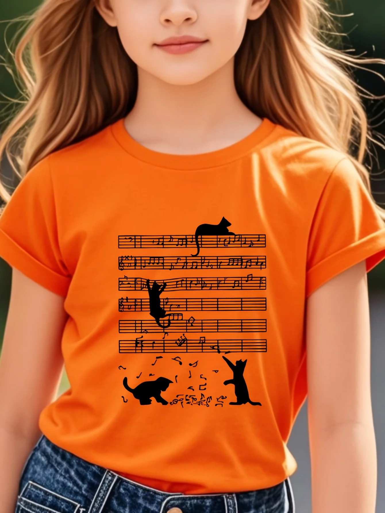 Cute Kittens Playing Musical Note Graphic T Shirt Boys Girls Family Matching Soft Cotton Short Sleeve Fashion Children Daily Top