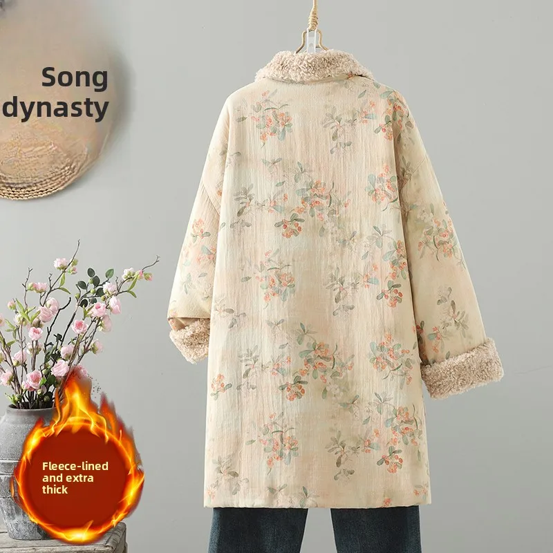 New Chinese Sle Patchwork Woolen Collar Floral Cotton Jaet Women's Warm Mid-Length Robe Polyester Filling Thiened Long ...