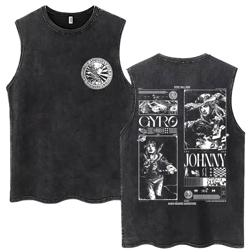 Washed Anime Jojo Bizarre Adventure STEEL BALL RUN Tank Tops Men Women Fashion Manga Vestd Casual Loose Cotton Sleeveless Tshirt