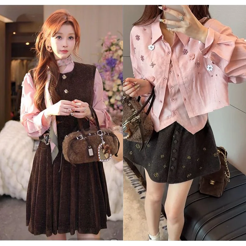 

Изысканный комплект Mimius: плиссированный жилет и блузка с длинным рукавом, отложным воротником, для женщин, весенний сезон