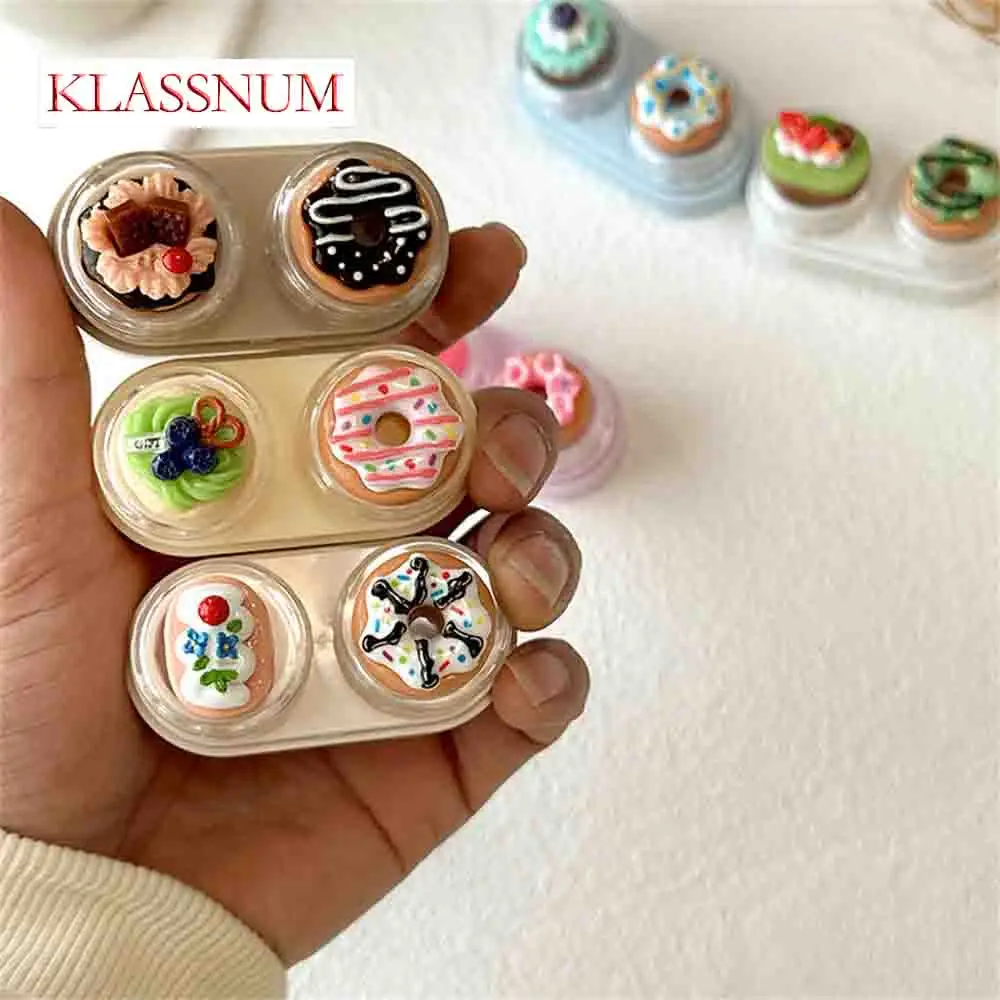 KLASSNUM Mini Travel Contact Lens Container Cute 3D Dessert Donut Box With Tweezers Tool Sweet Eye Care Soaking Case Girls Gifts