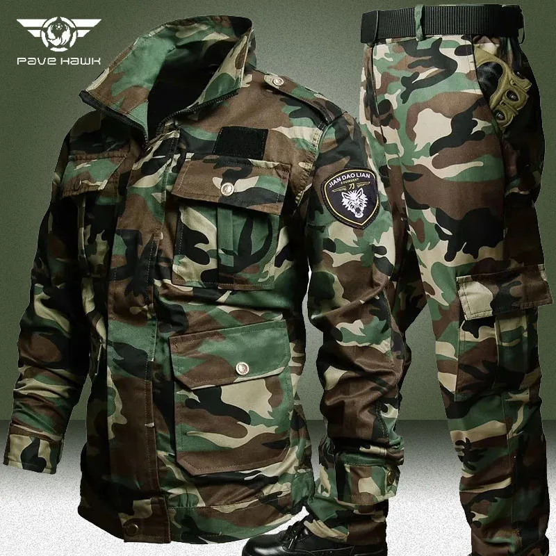 Camo Tactical Sets Men Autumn Wear-resistant Jackets+Multi-pocket Cargo Pants 2 Pcs Suits Outdoor Training Fishing Cargo Set