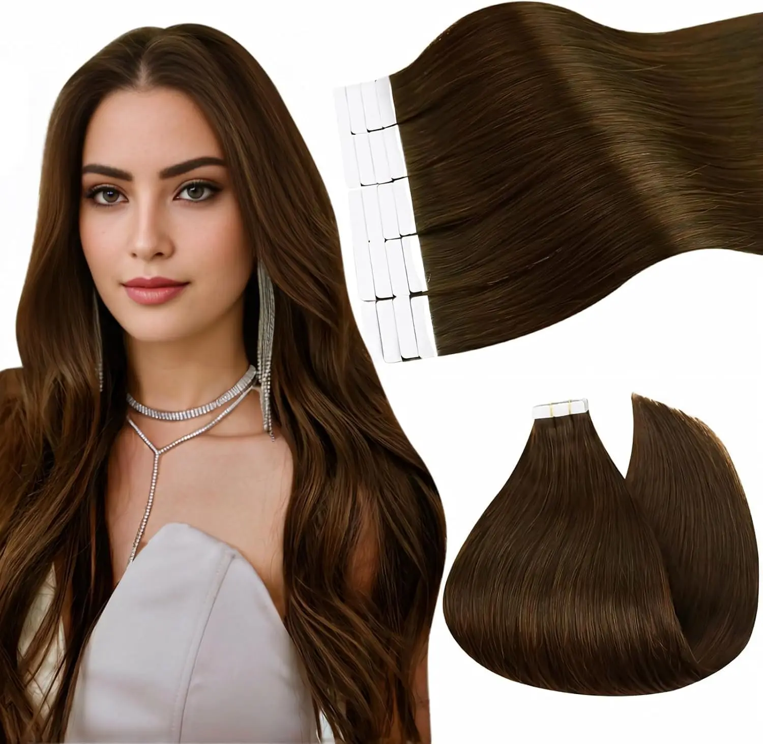 Ugeat Tape in Human Hair Extensions Brown Tape in Extensions for Women Chocolate Brown Invisible Tape in Extensions Real Hair