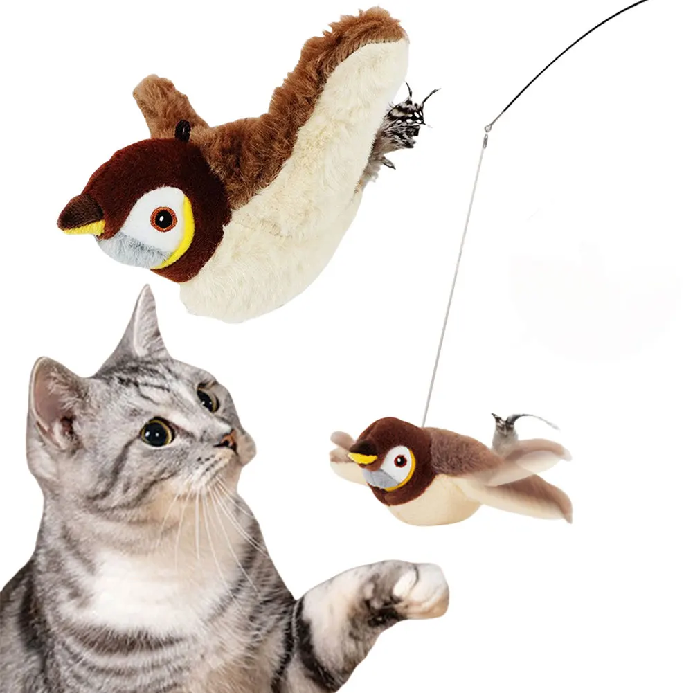 Flapping Sparrow Bird Cat Toy Interactive Flappy Bird Cat Toy Bird Toy Simulated Chirping Teasering Play Cat Stick Scratch Toy