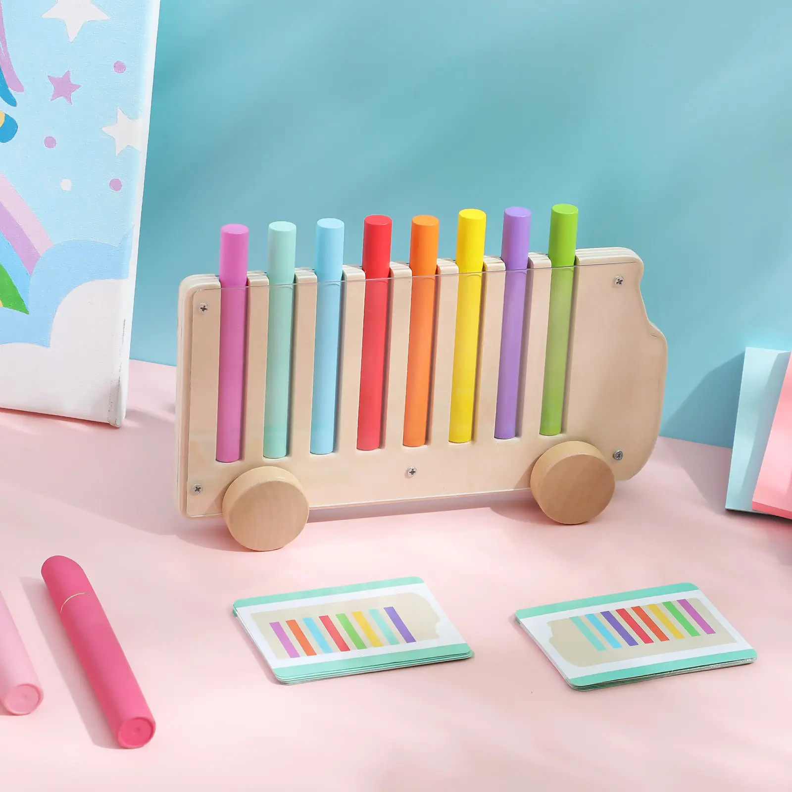 

1Set Wooden Color Matching Game Early Learning Bus Stick Sorting Educational Tool for Motor Skills Color Recognition