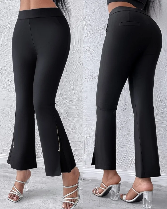 

Women's Casual Slit Hem Rhinestone Decor High Waist Pants Temperament Commuting Womens Fashion Elegant Skinny Flare Trousers