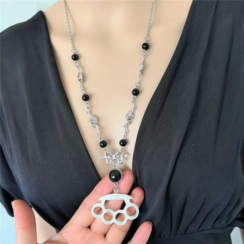 

2000s Retro Rose Imitation Agate Bead, Small Unique Butterfly Knot Knuckle Brace Necklace Harajuku mcbling Scene Accessories