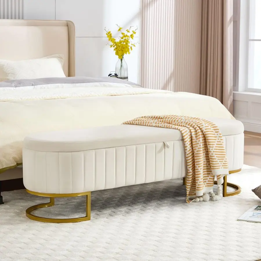 Banc ottoman, 63 bancs d'extrémité de lit en velours, banc de chambre à coucher King Size avec pieds en métal doré, banc de rangement rembourré pour chambre à coucher