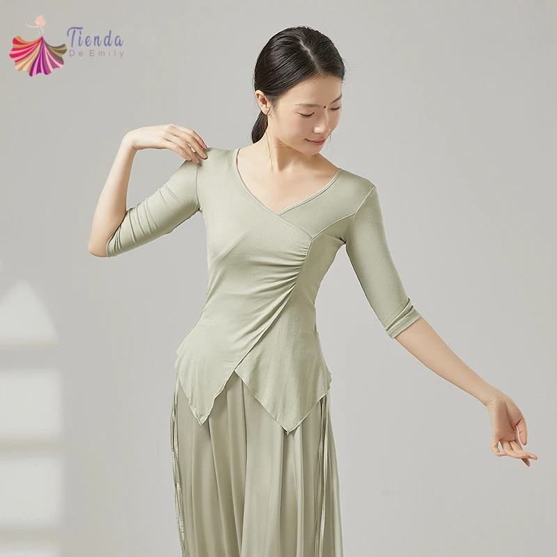 Modern Dance Clothes Women Middle Sleeve Slim Shirt V-Collar Contemporary Dancing Costume Cross Irregular Hem Stage Training Top